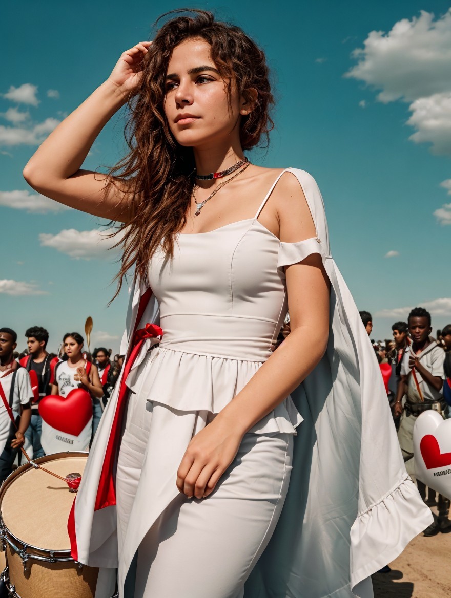 Young Woman in White Dress Amidst Festive Crowd