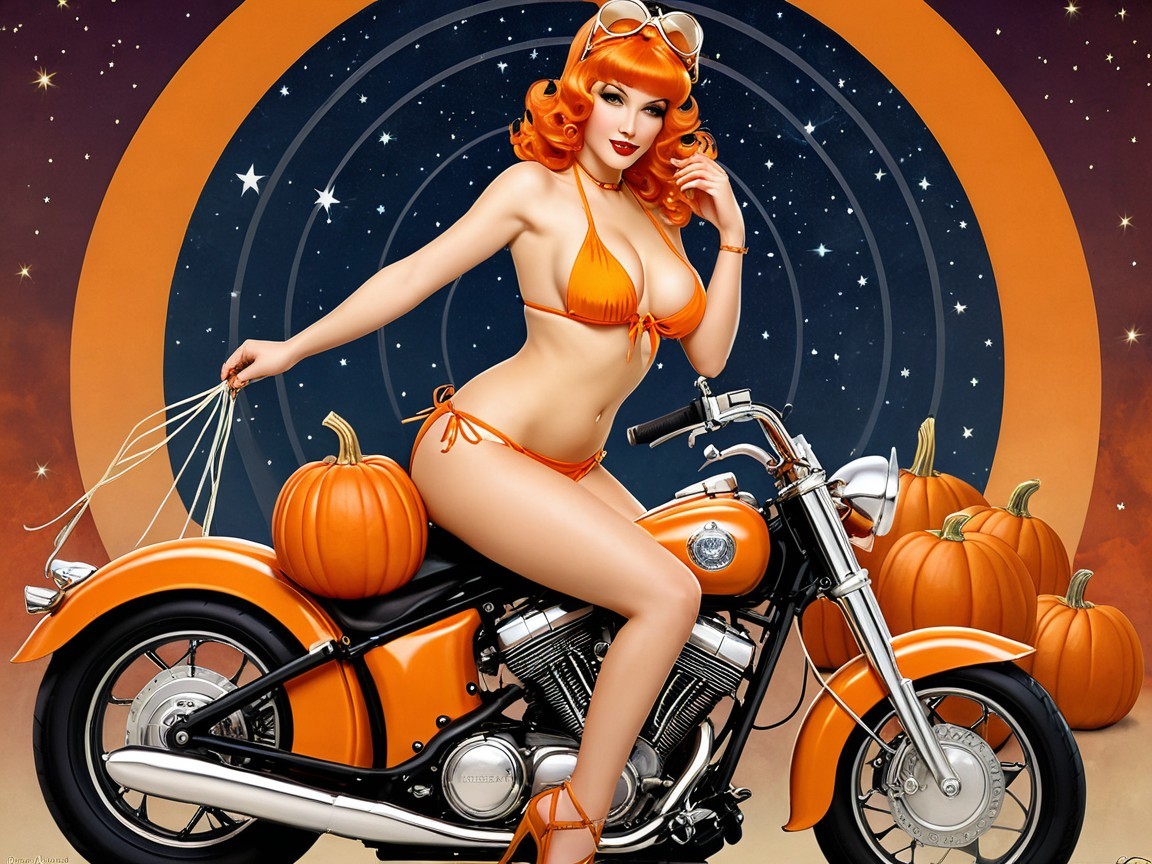 Confident Woman on Orange Motorcycle with Pumpkins
