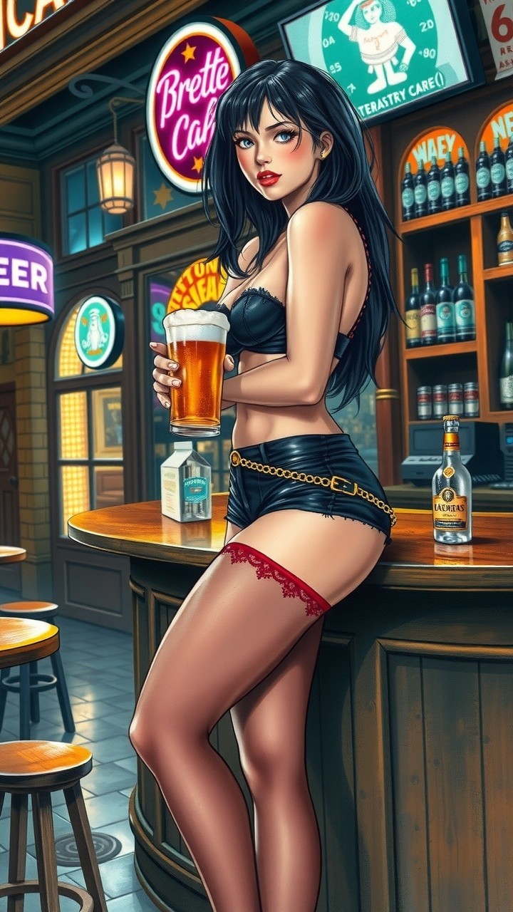 Glamorous Woman at Bar in Stylish Outfit and Beer