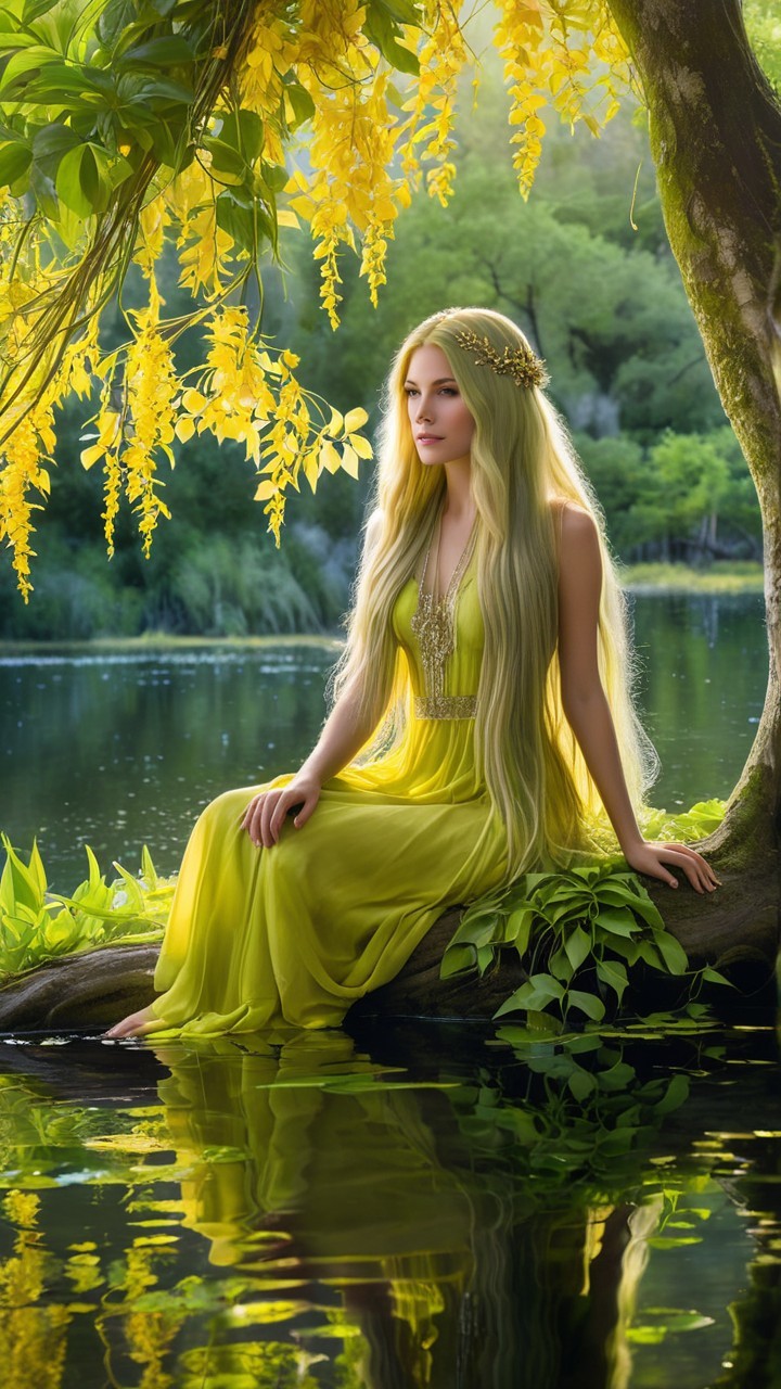 Serene Woman by Water in Yellow Gown and Greenery
