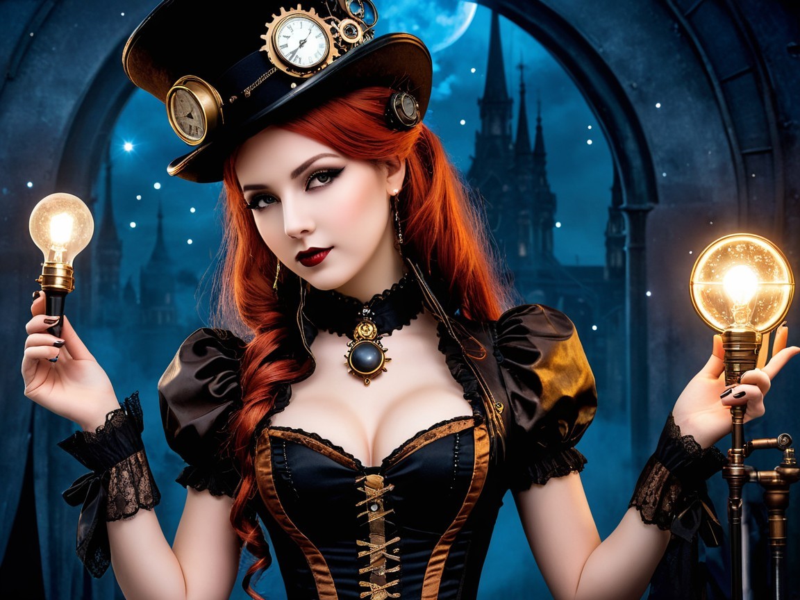 Steampunk Woman in Night Scene with Glowing Light Bulbs