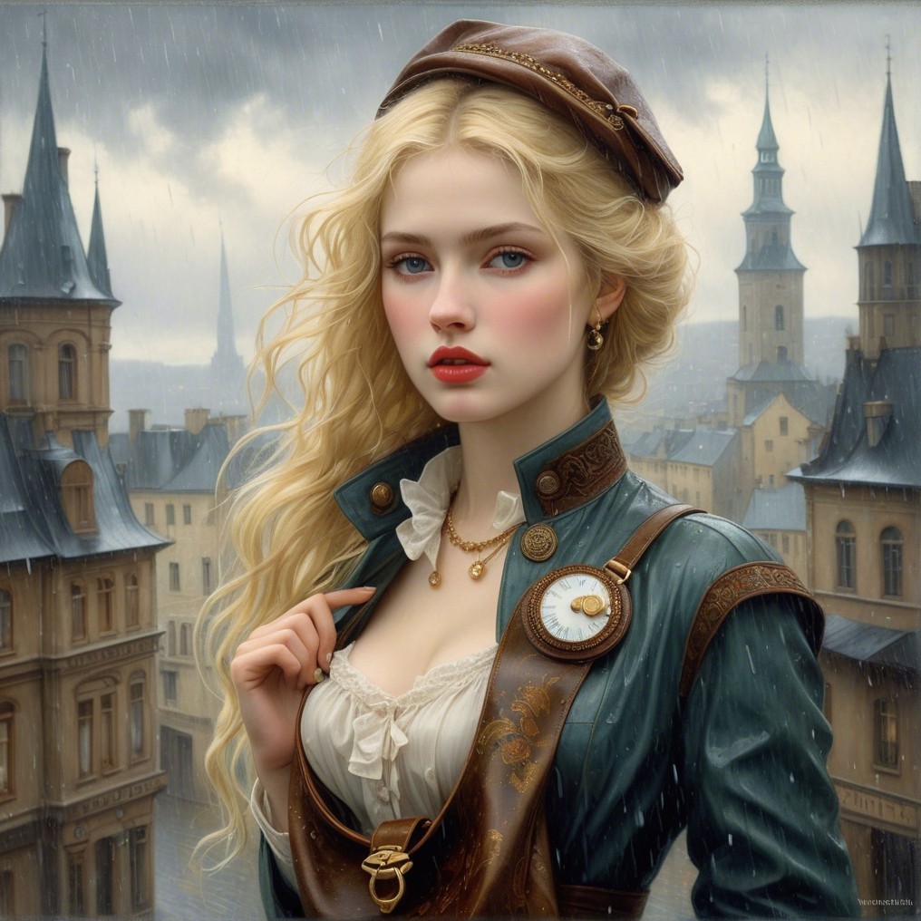 Young woman in historical cityscape with soft rain