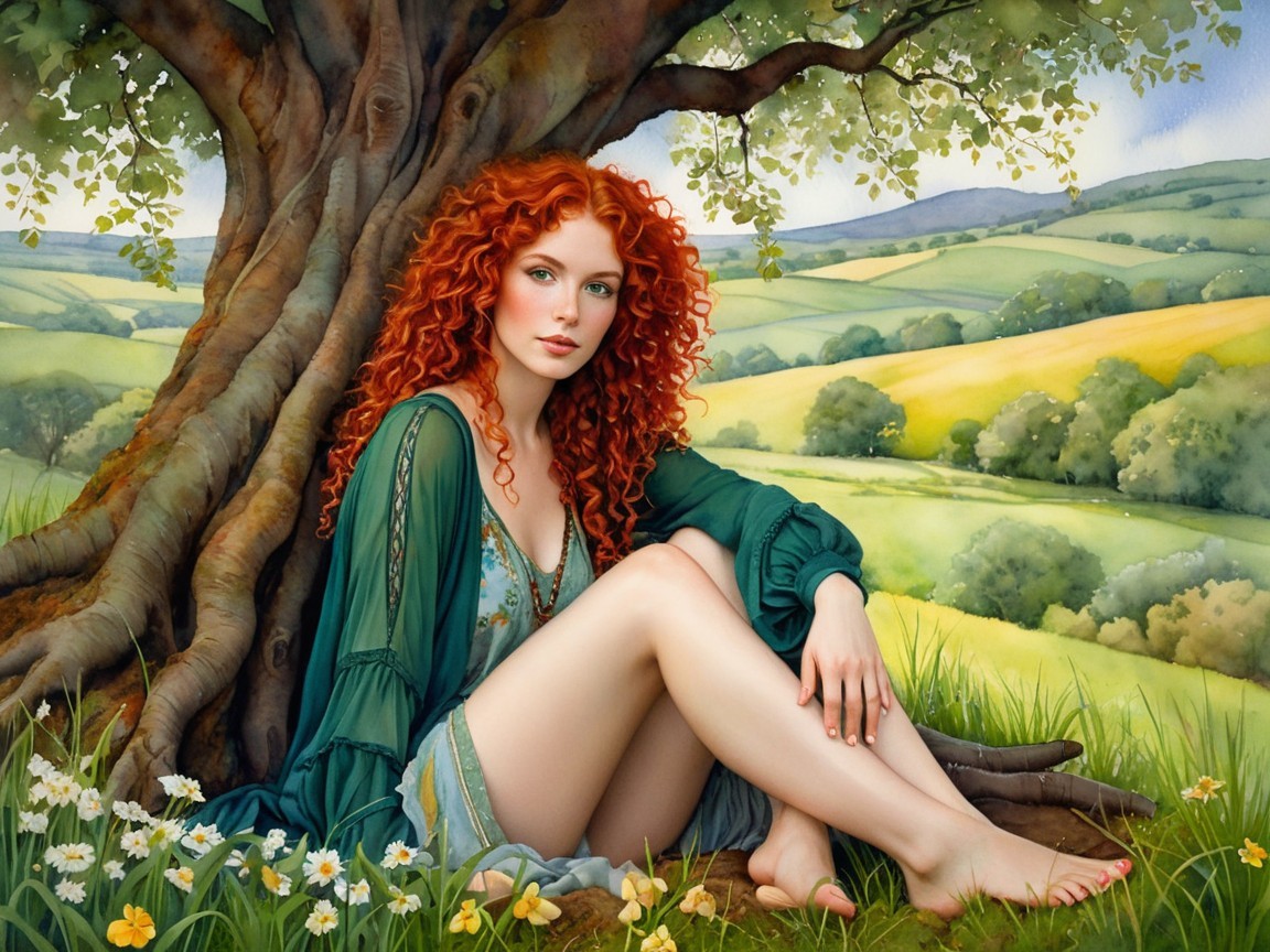 Young woman with red hair in serene landscape setting