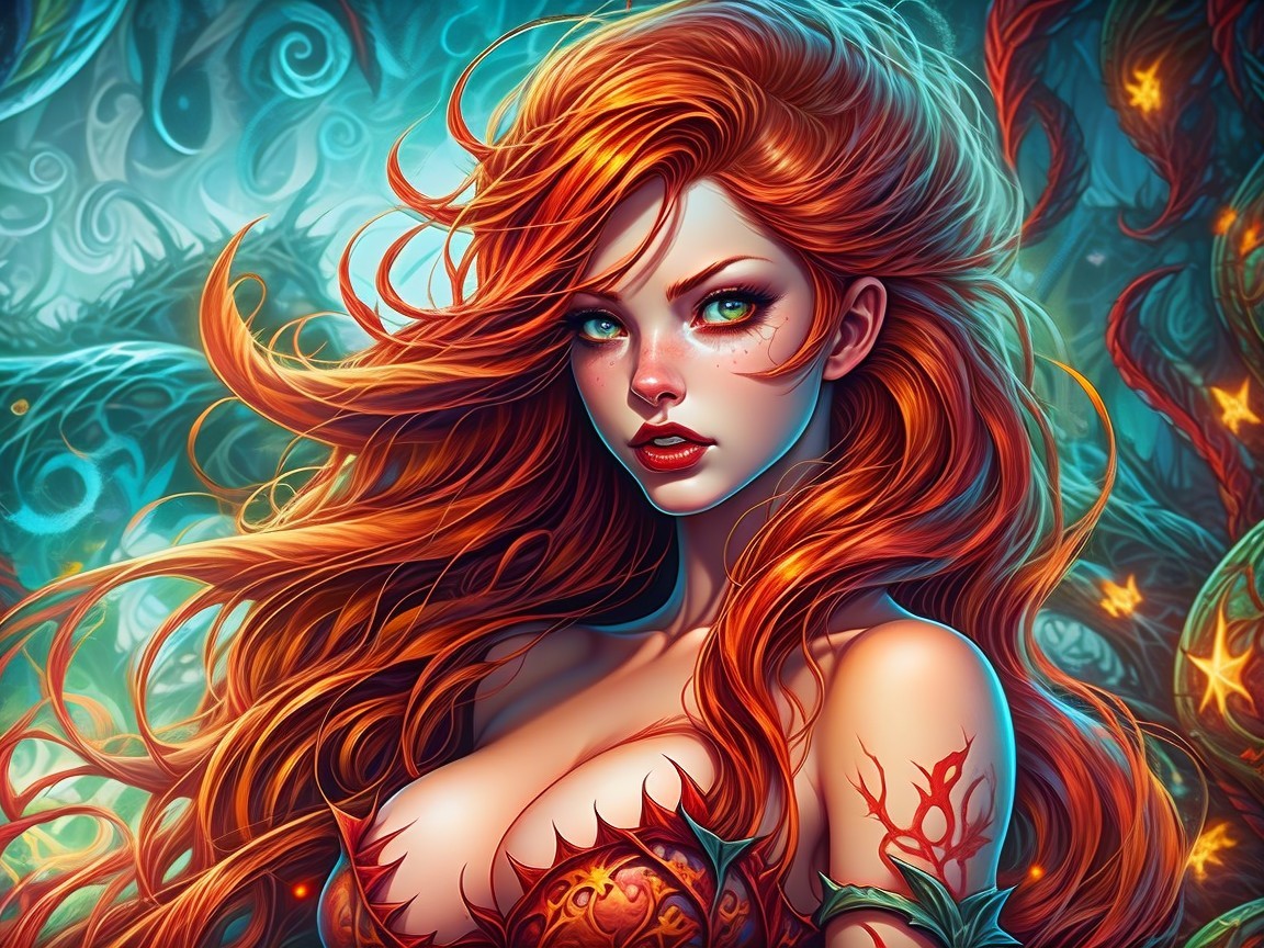 Fantasy Character with Red Hair and Floral Patterns