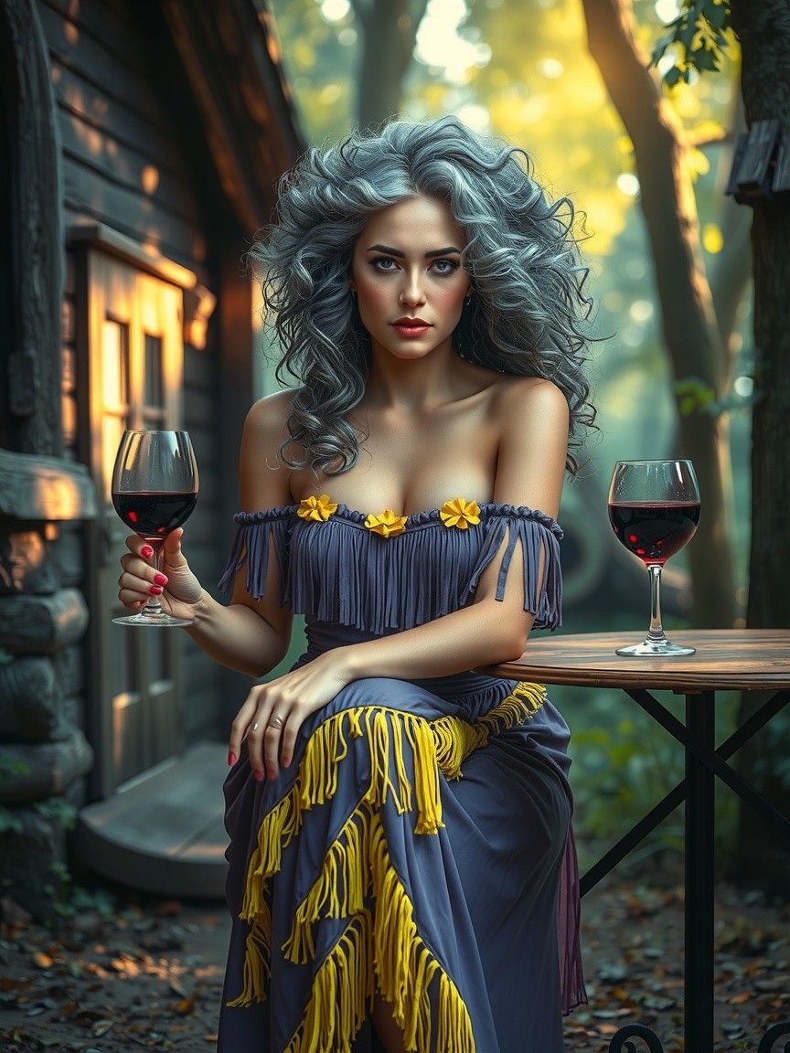 Elegant Woman with Silver Hair in Forest Setting
