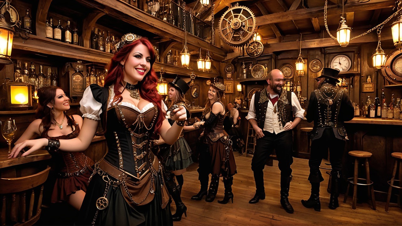Steampunk Bar with Themed Attire and Decor
