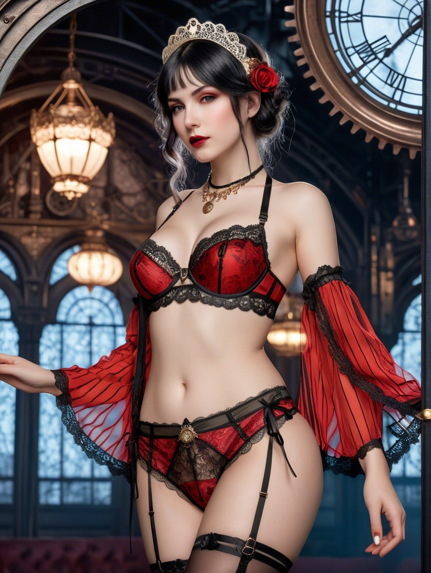 Elegant Red and Black Lingerie with Steampunk Setting