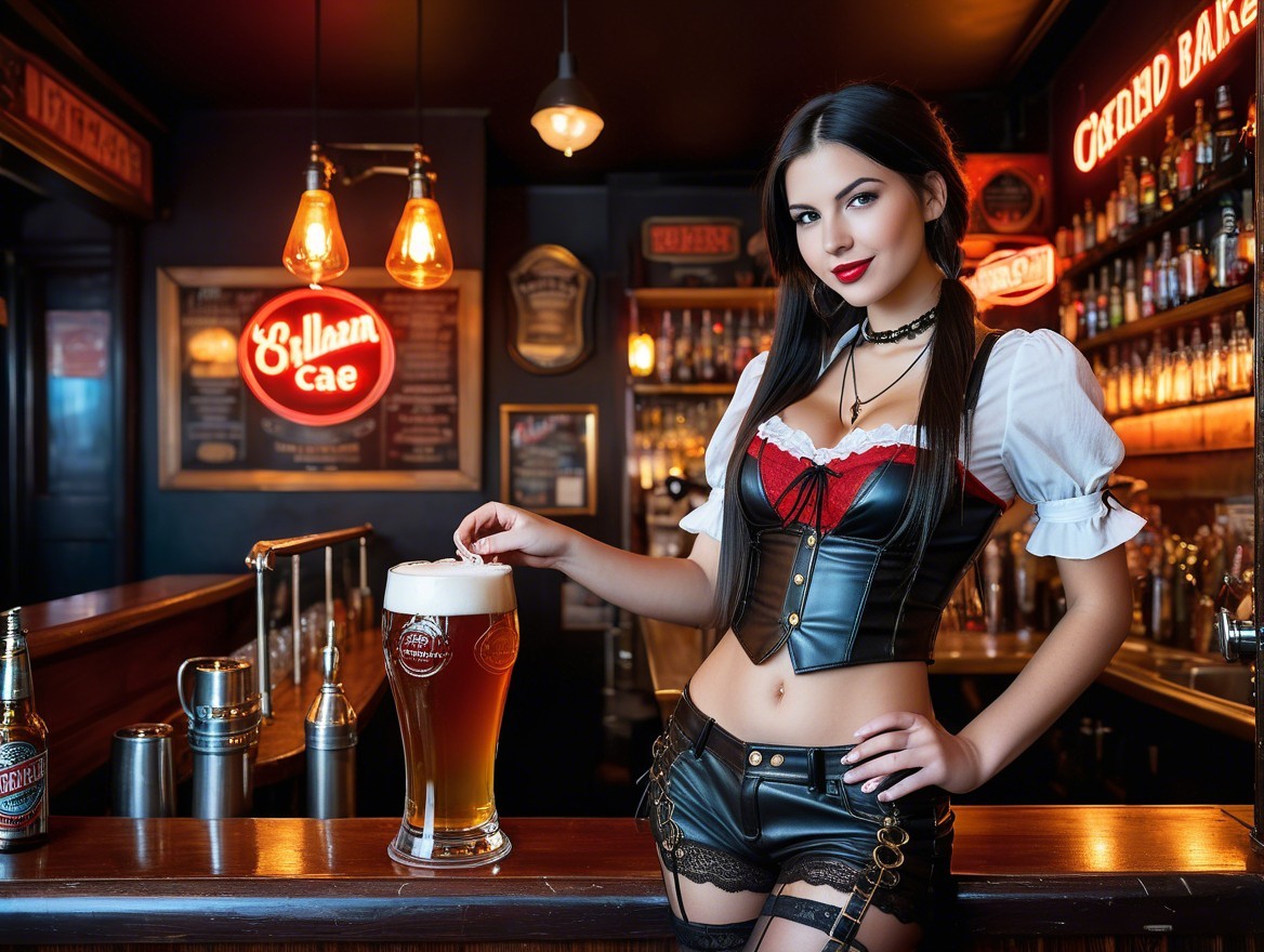 Young woman in corset and shorts at a lively bar
