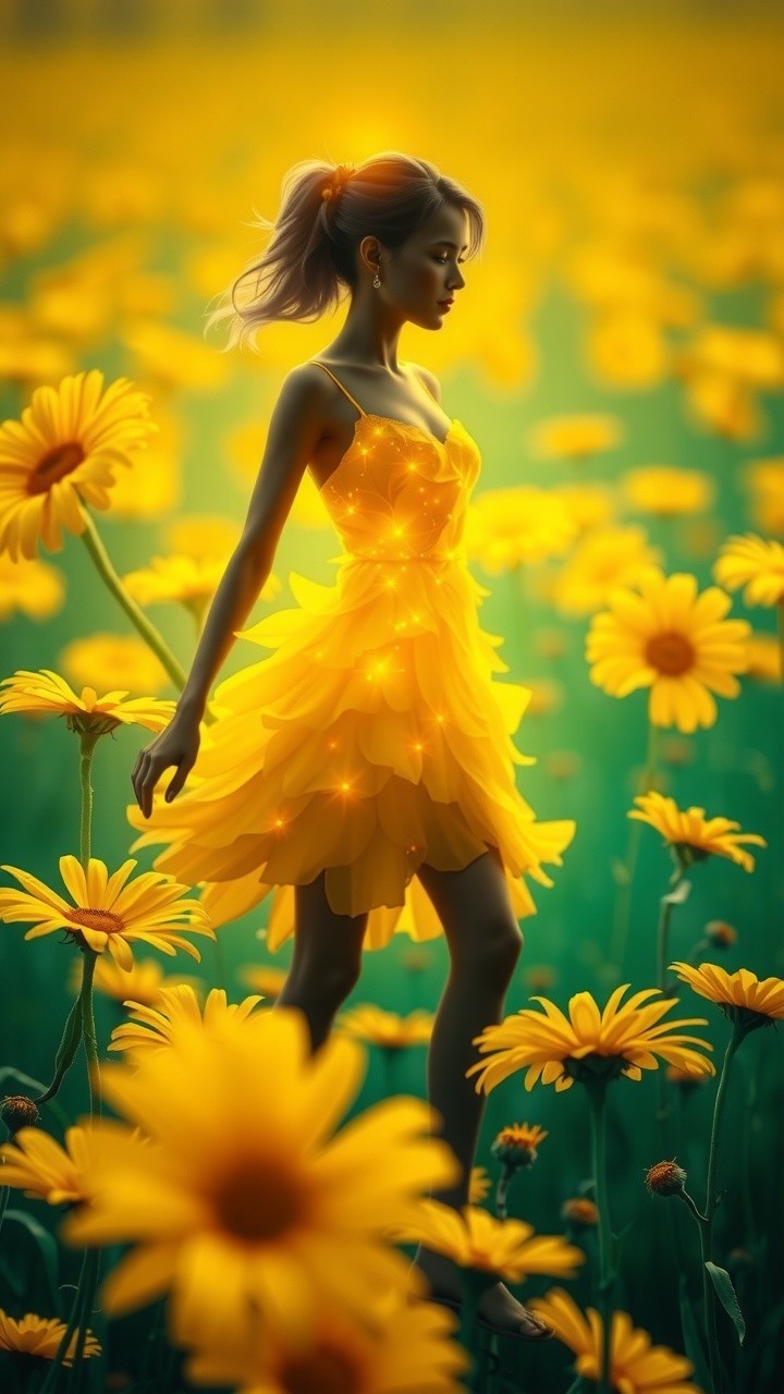 Woman in yellow dress among vibrant yellow flowers