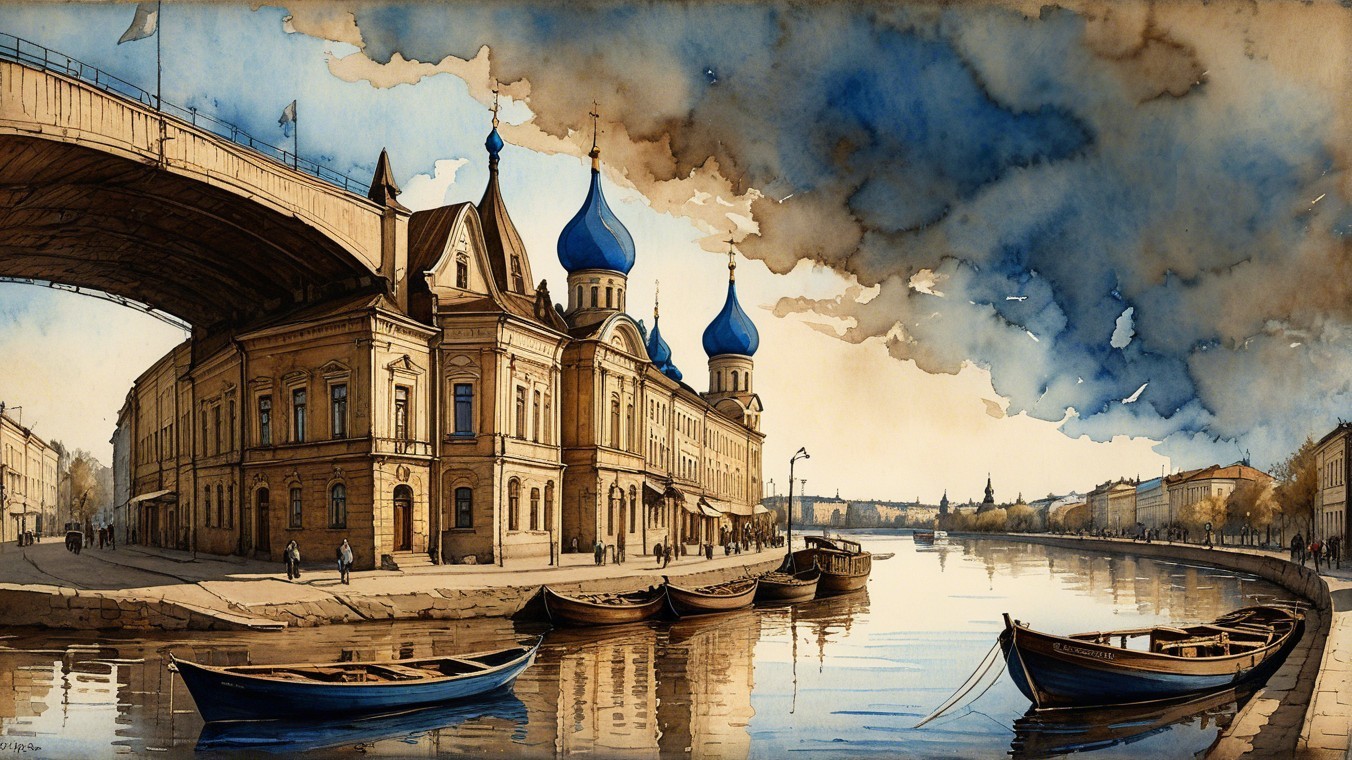Riverside Scene with Blue Domes and Historic Architecture