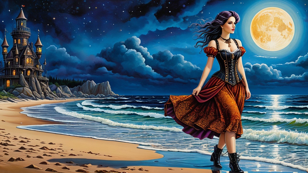 Elegant woman in flowing dress on moonlit beach