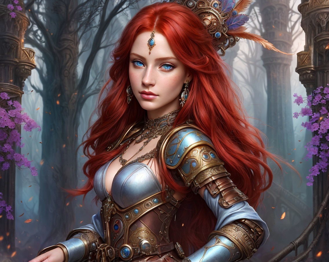 Fantasy Scene of a Woman in Armor in a Mystical Forest