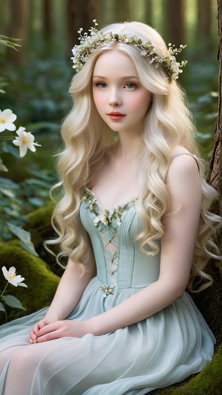 Serene Woman in Floral Crown in Lush Forest Setting