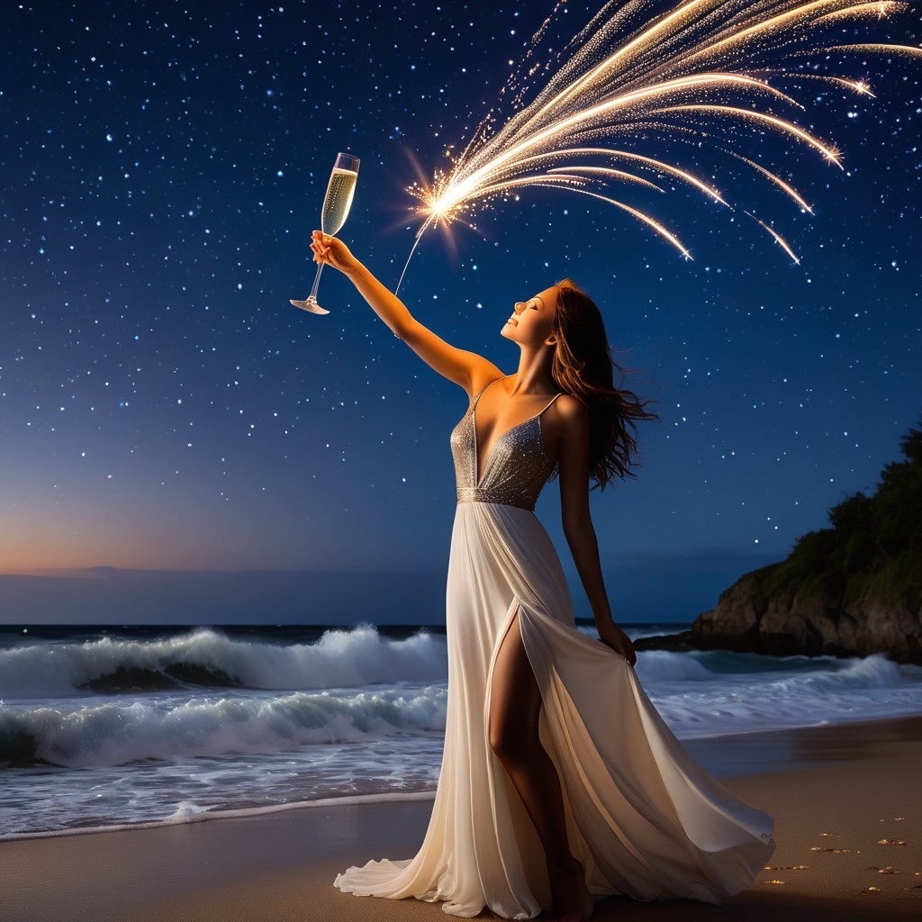 Woman in white gown celebrating on beach at night