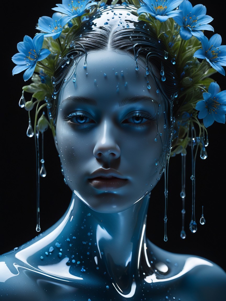 Glossy Blue-Toned Figure with Floral Accents and Water