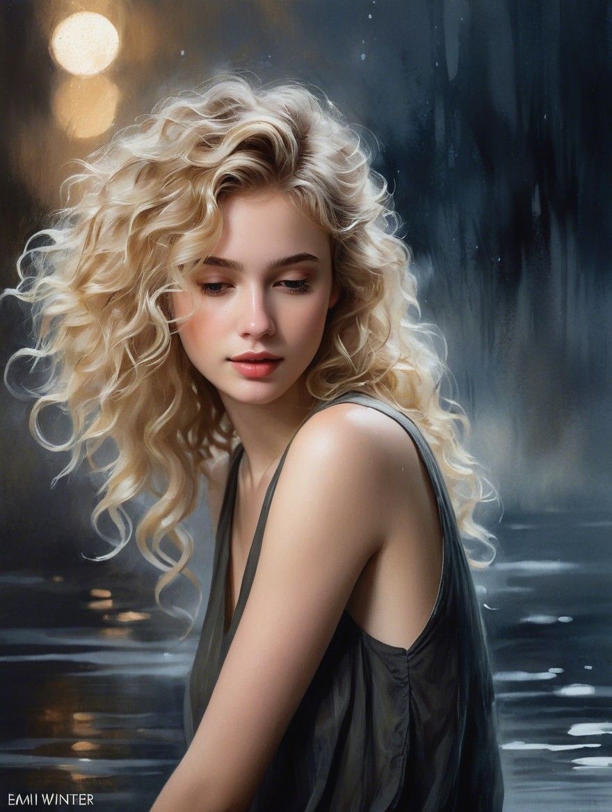 Young woman with curly blonde hair in twilight setting
