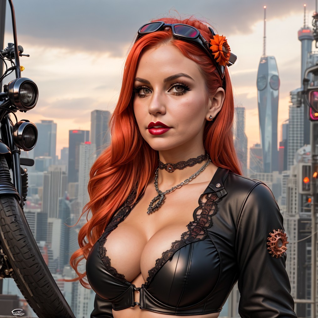 Confident Woman with Red Hair in Futuristic Cityscape