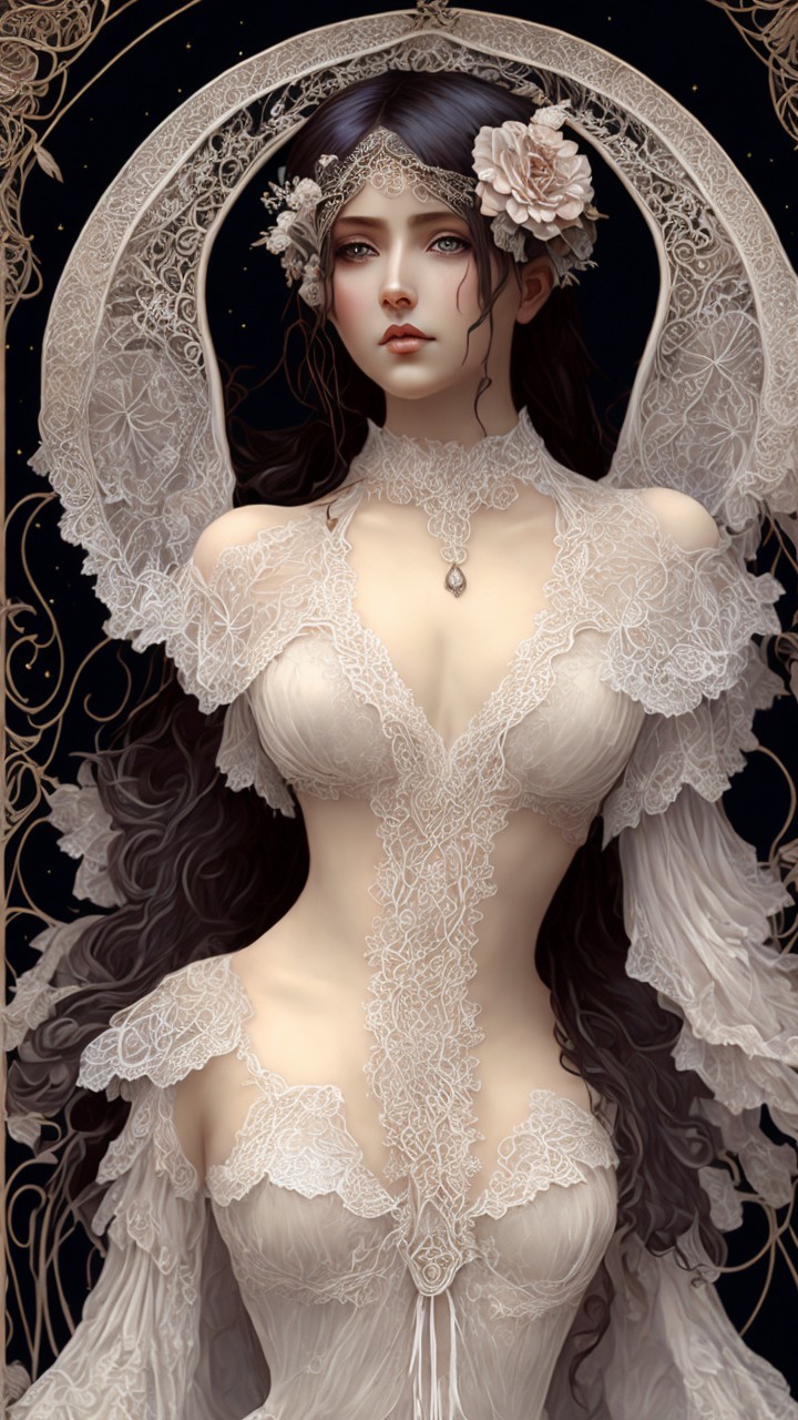 Elegant figure in lace gown with floral accents