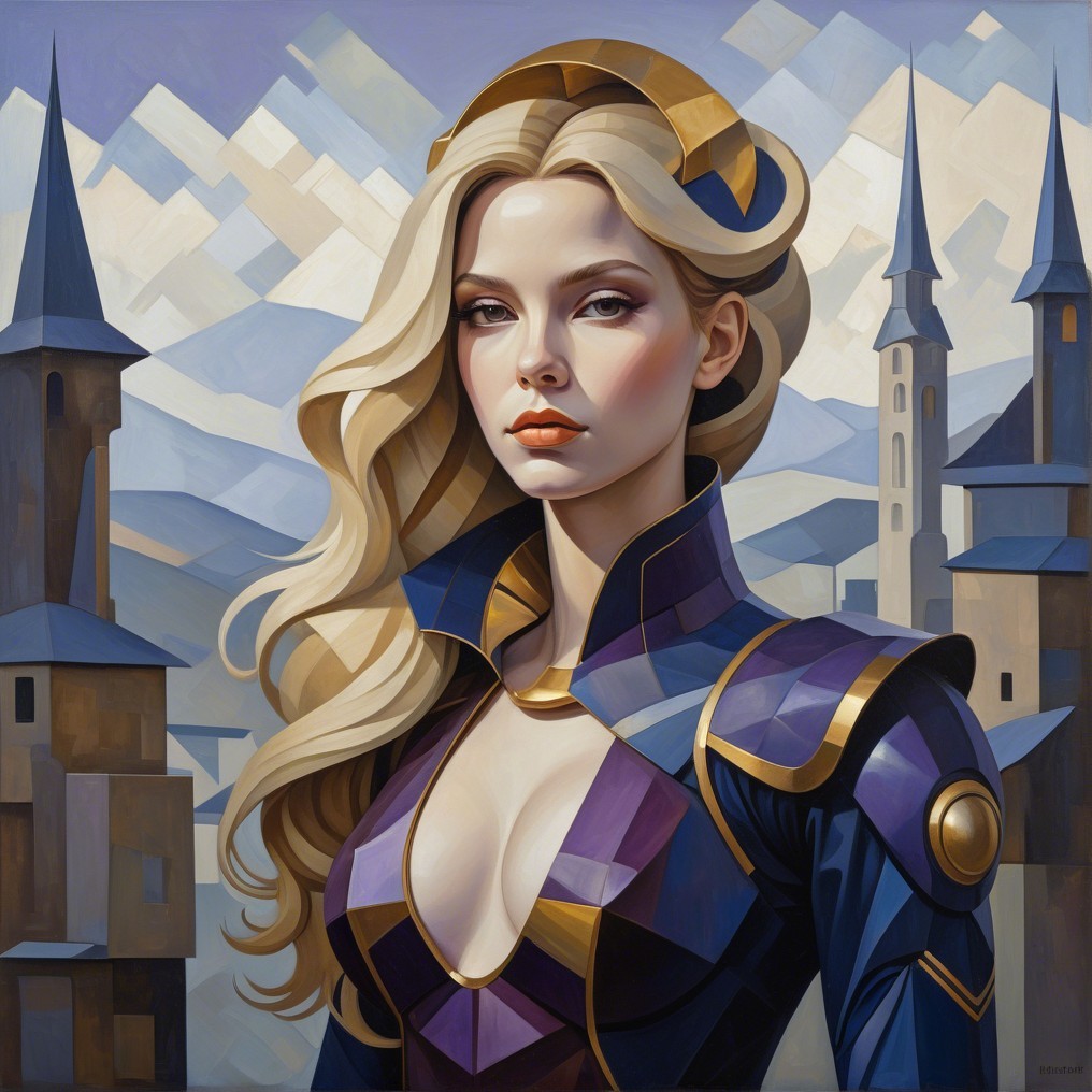 Regal Woman in Vibrant Outfit Against Mystical Landscape