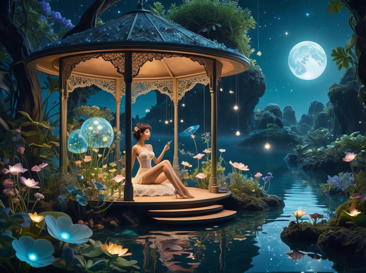 Ornate gazebo by river with woman and blue butterfly