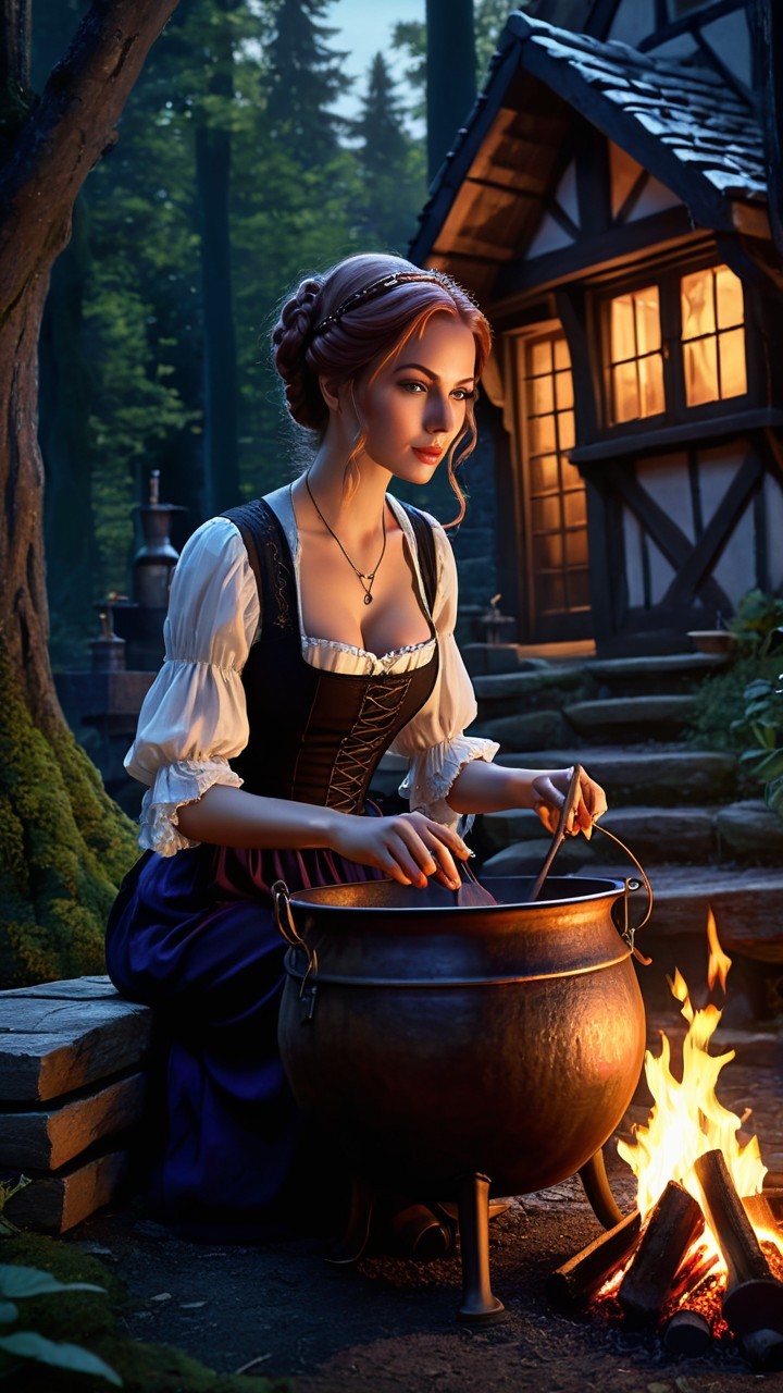 Medieval Woman Stirring Cauldron in Enchanted Setting