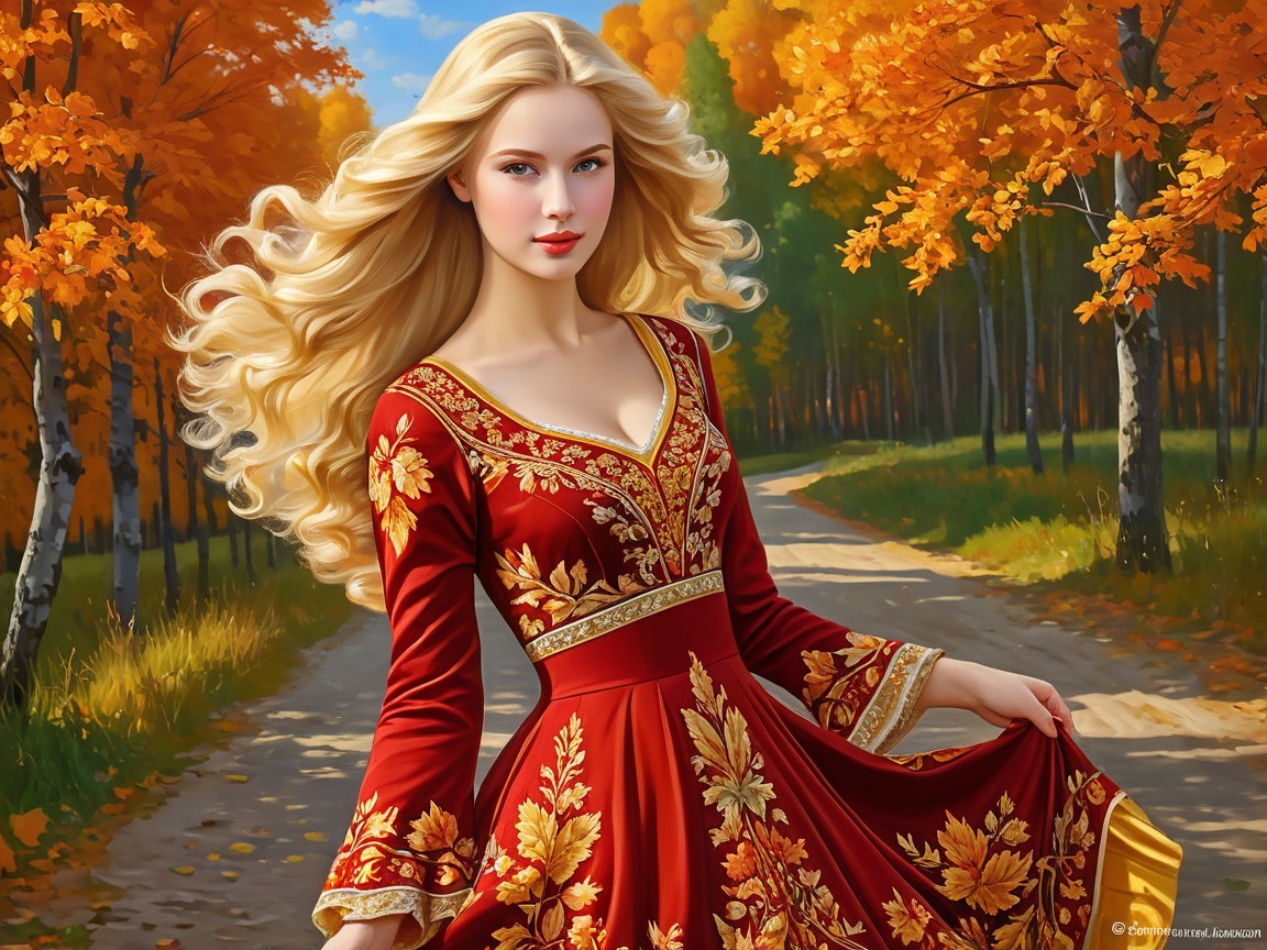 Young woman in red dress on autumn forest path