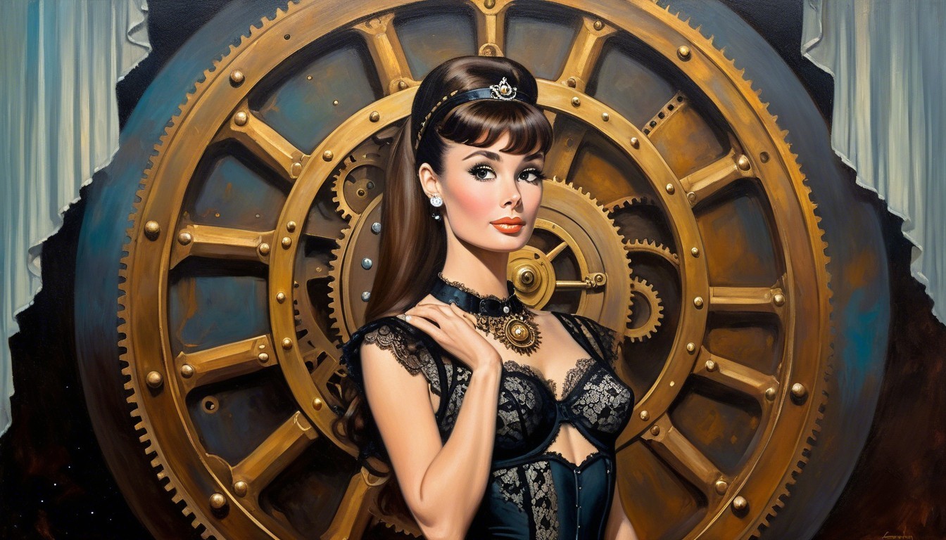 Glamorous Woman with Vintage Outfit and Gear Backdrop