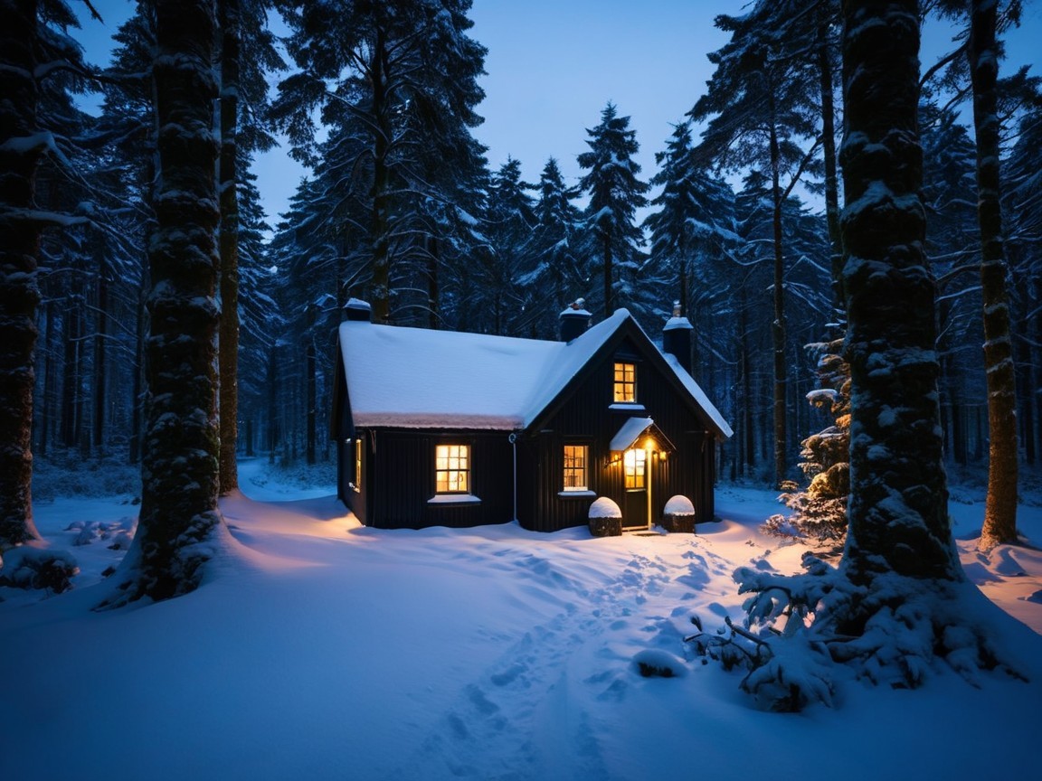 Cozy Cabin in Snowy Forest with Warm Lights