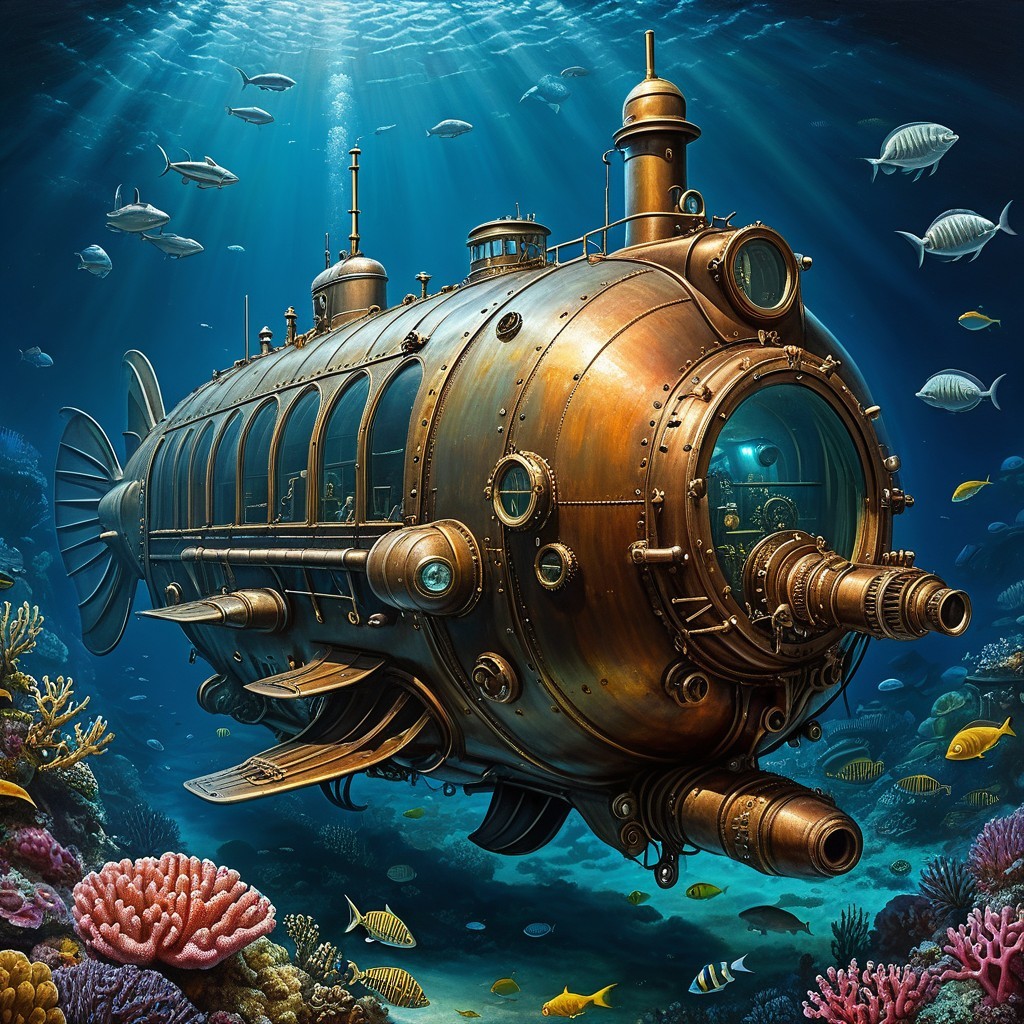 Steampunk Submarine in Vibrant Underwater Landscape