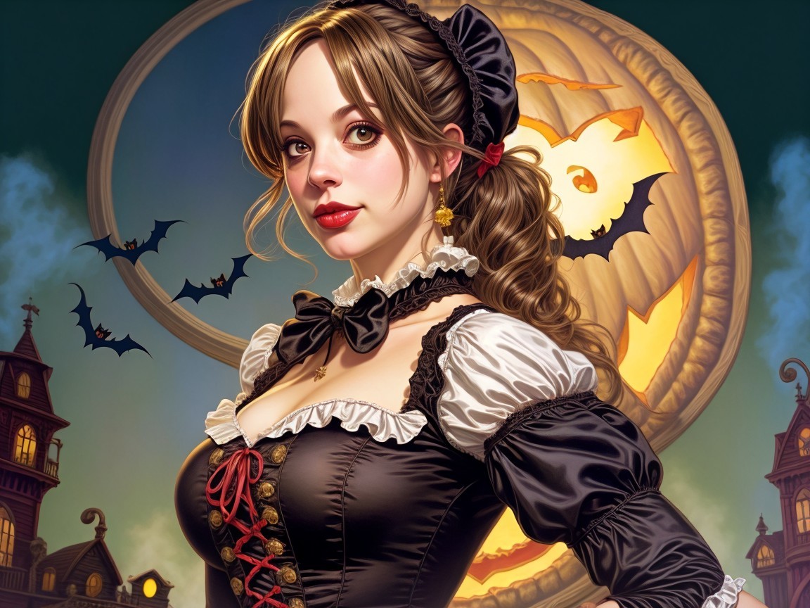 Elegant Halloween Costume with Pumpkin and Bats