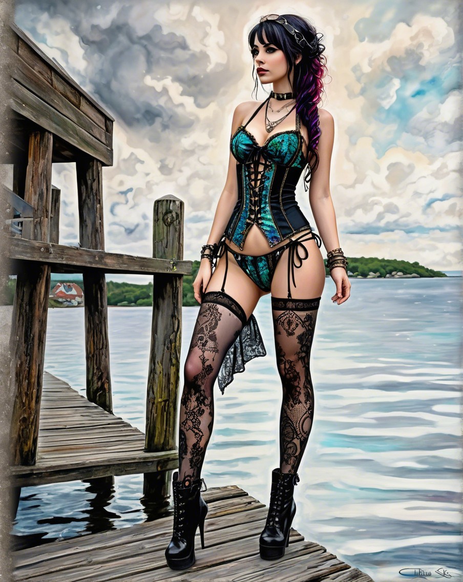 Model in Vibrant Corset on Wooden Pier by Water