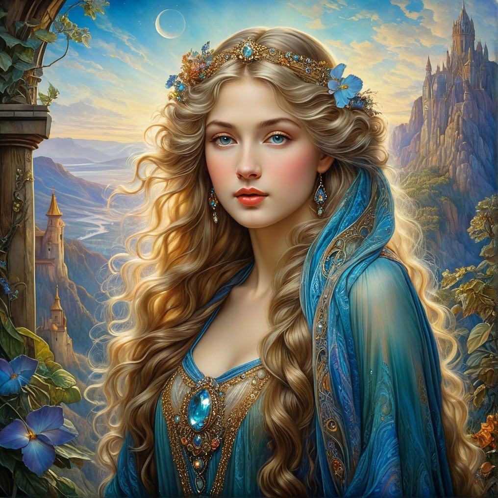 Blonde Woman in Blue Gown with Floral Crown at Twilight