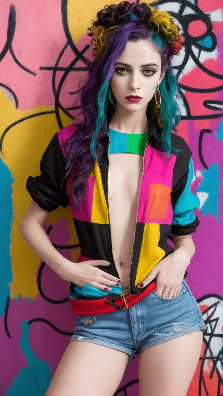 Model in Multicolored Jacket Against Graffiti Wall