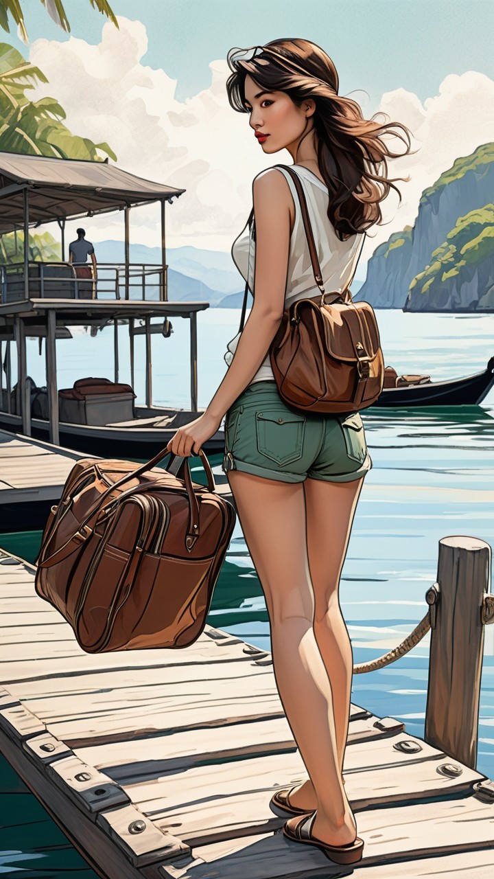 Young woman on dock by tranquil waters and greenery