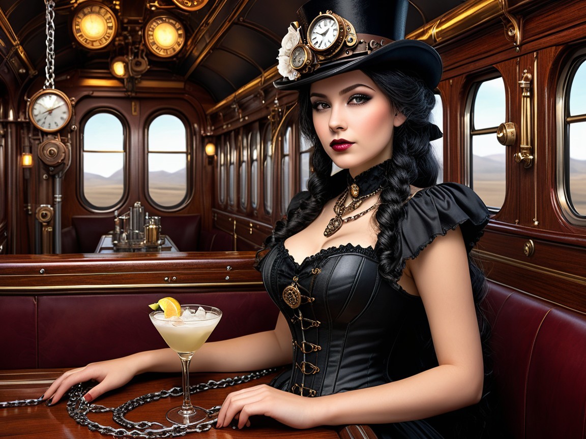 Vintage Steampunk Woman in Elegant Train Cabin