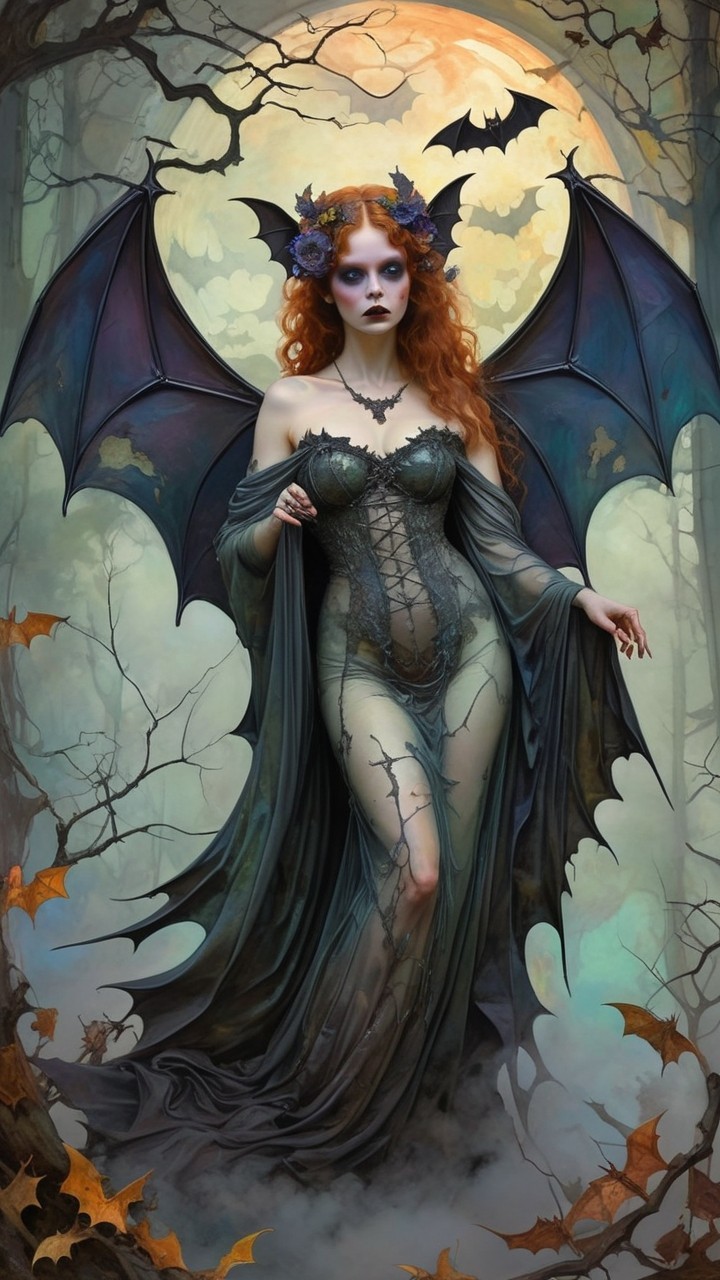 Mystical Forest Figure with Bat Wings and Red Hair