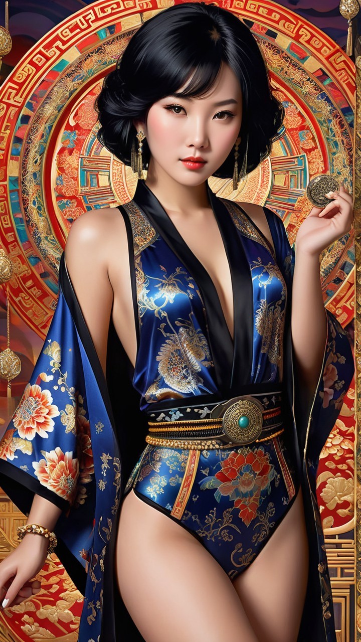 Elegant Woman in Blue Kimono with Floral Patterns