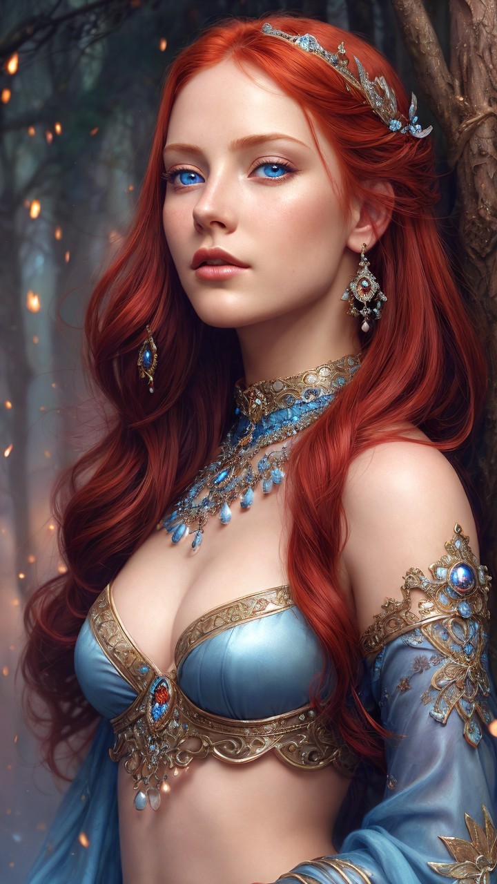Mystical Forest Figure with Red Hair and Blue Eyes