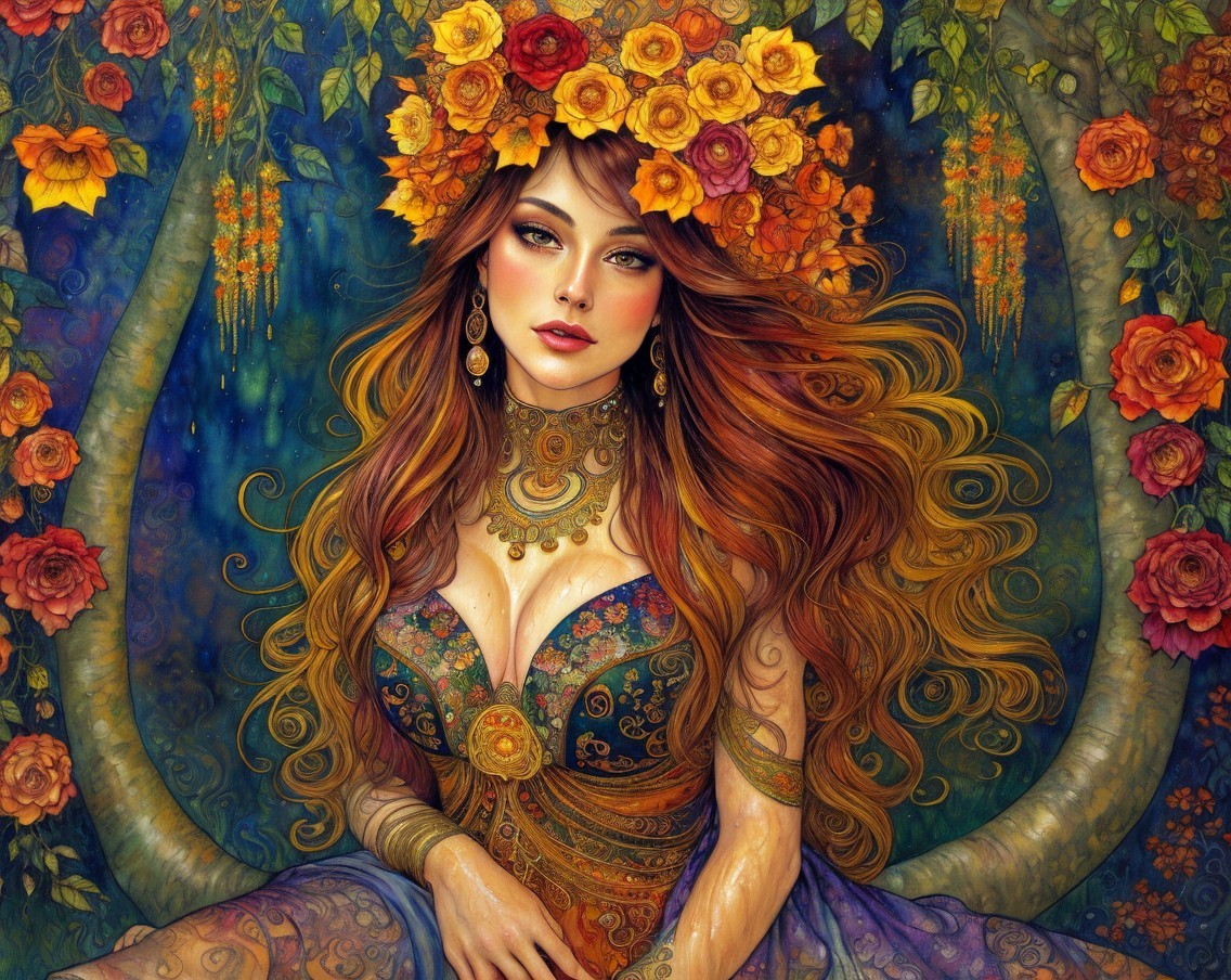 Elegant Woman with Floral Crown in Colorful Setting