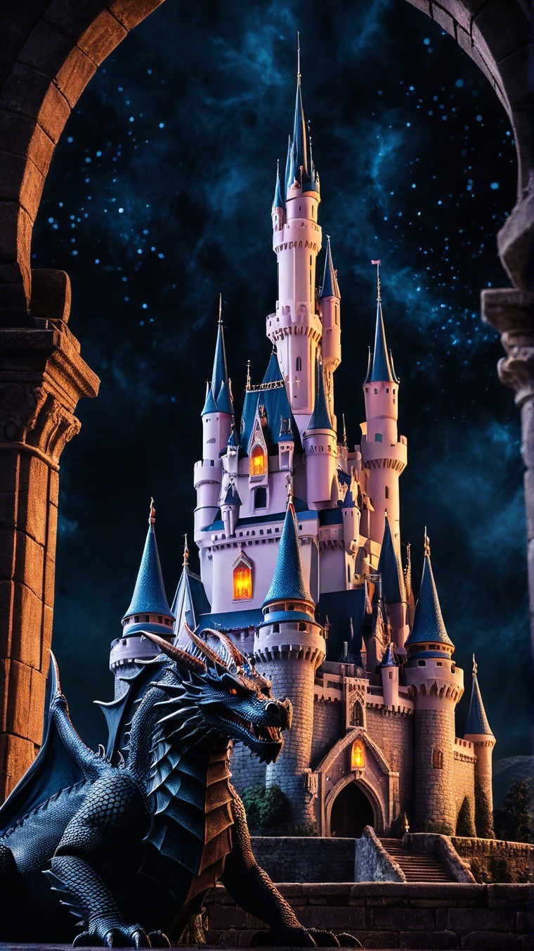 Majestic Fairy Tale Castle with Black Dragon at Night
