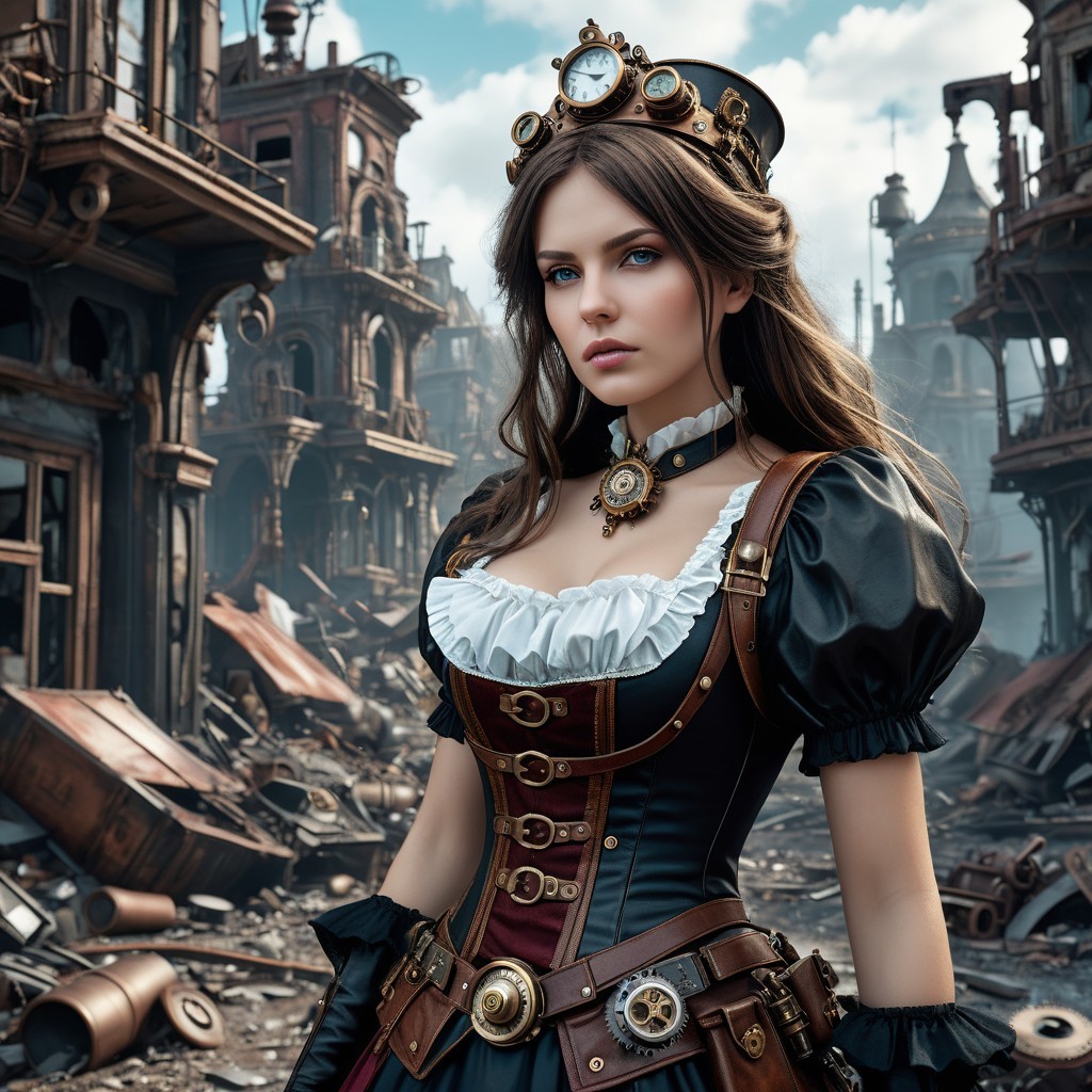 Young Woman in Steampunk Outfit Among Ruined Buildings