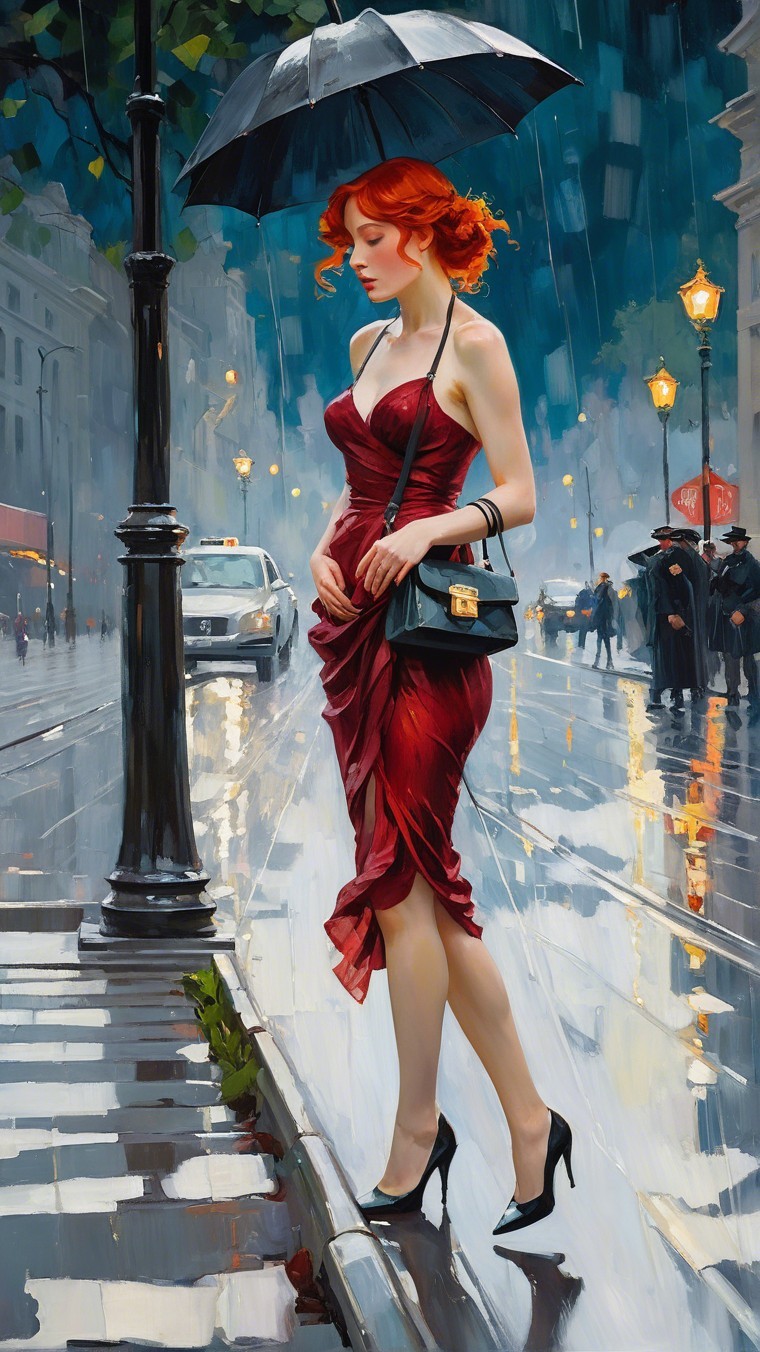 Woman in red dress with umbrella on rainy city street