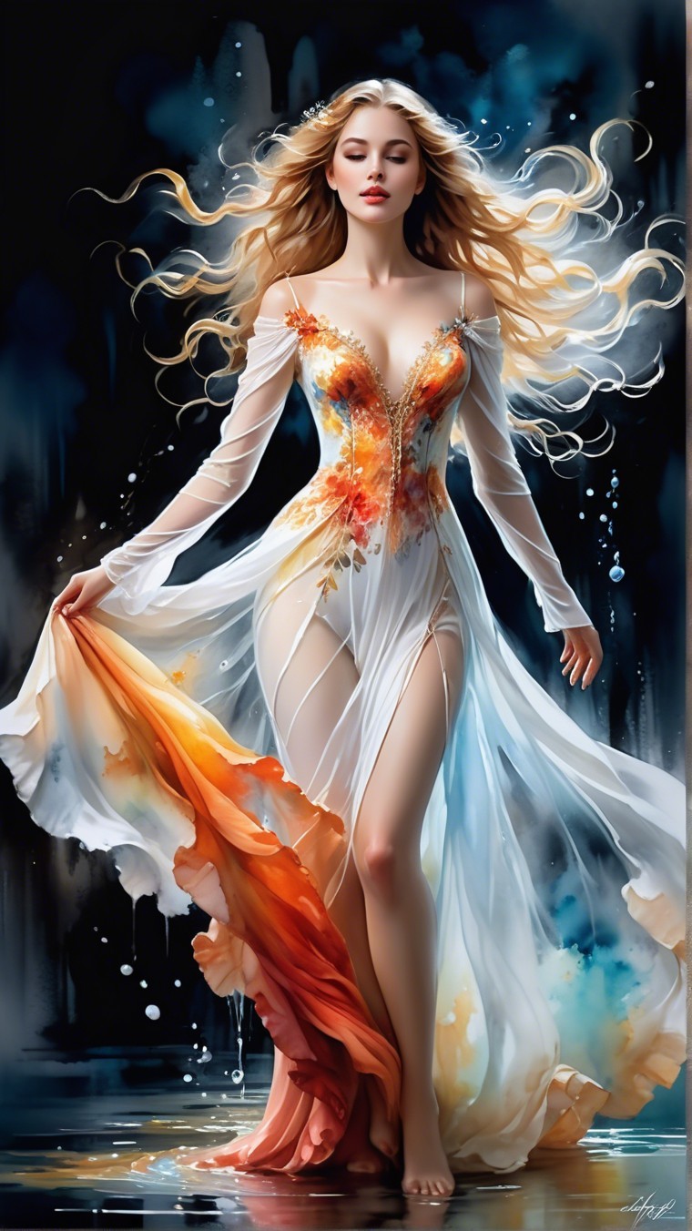 Confident Woman in Flowing Orange and Gold Gown