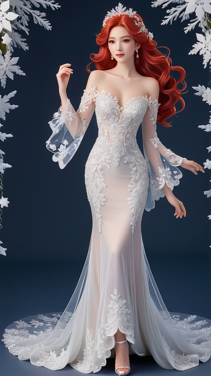 Bridal gown with off-shoulder design and lace details