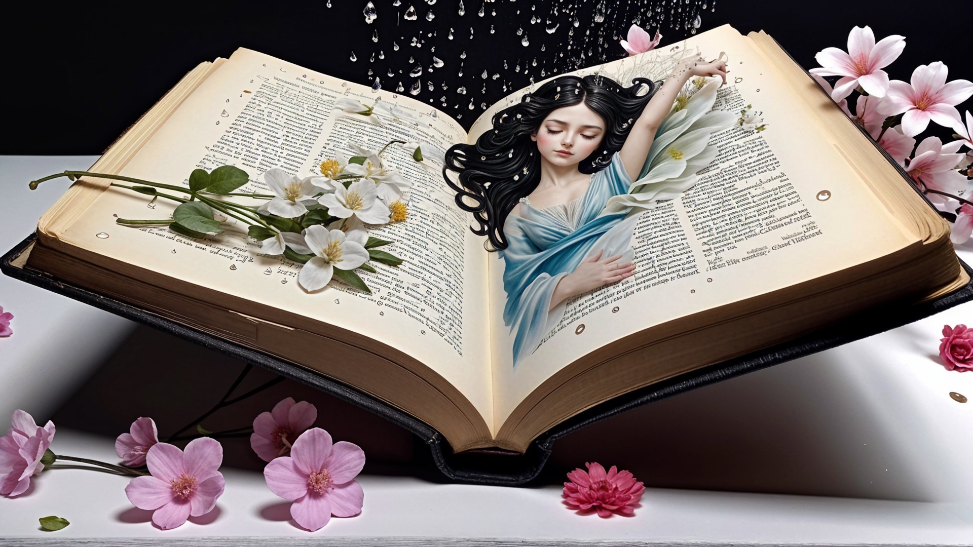 Open Book with Floral Design and Dreamlike Figure