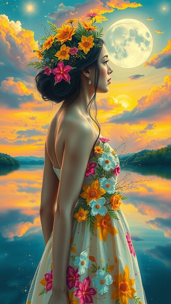 Serene Woman by Tranquil Lake at Sunset