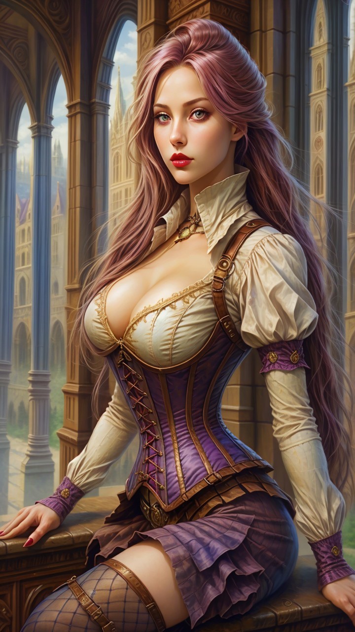 Steampunk Woman with Pink Hair in Gothic Setting
