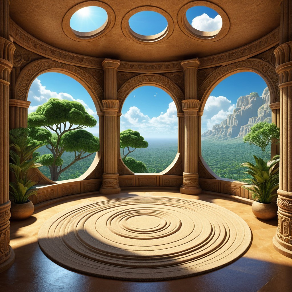 Spacious Circular Room with Grand Windows and Greenery