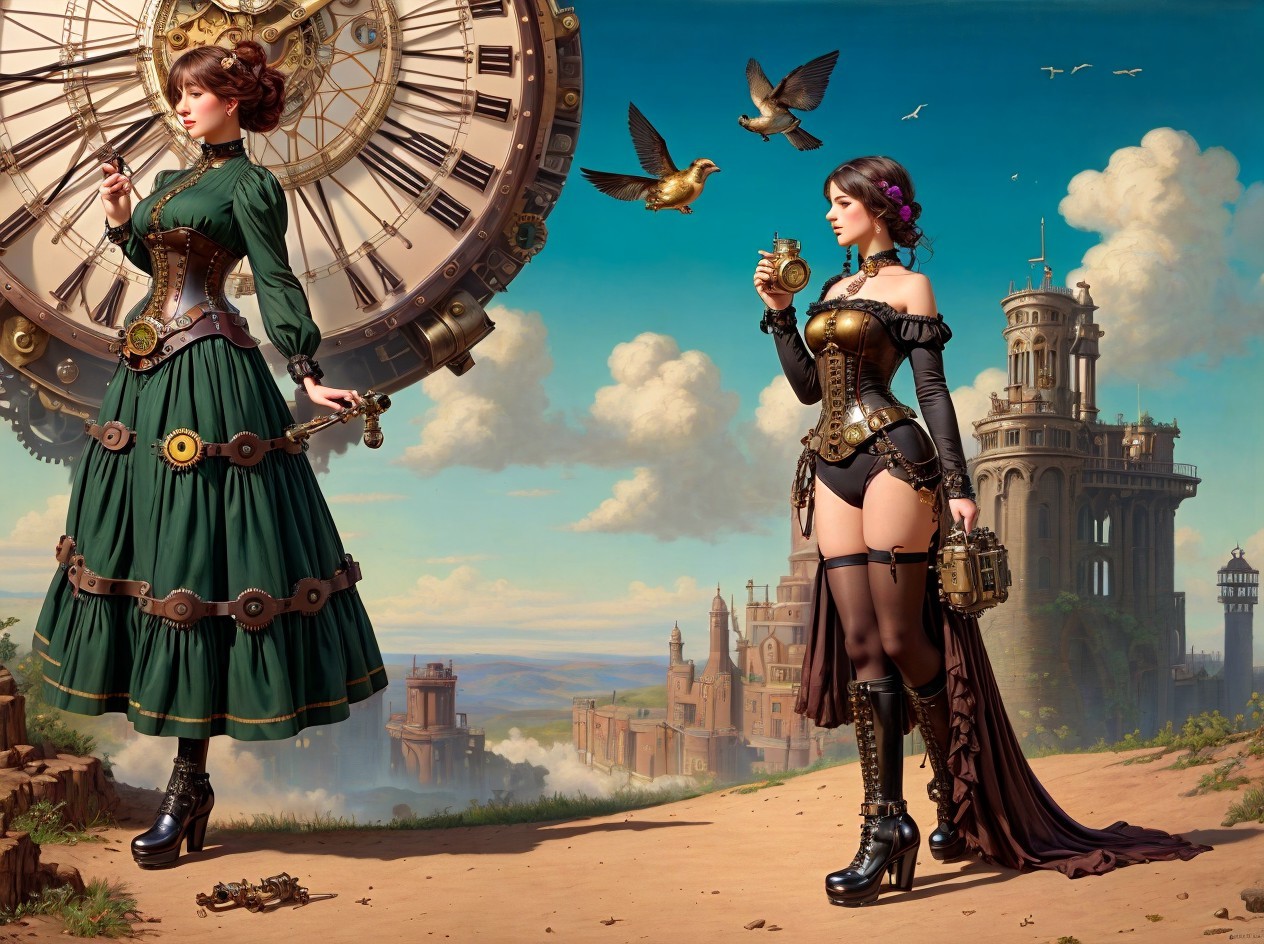 Steampunk Women in Fantasy Landscape with Gears and Clocks
