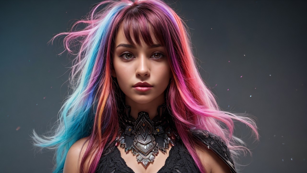 Young woman with pastel pink to blue hair and armor